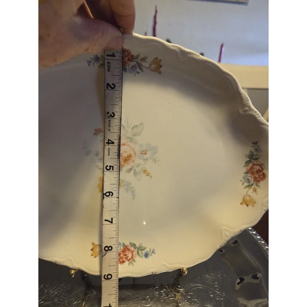 Vintage USA 12 X 9 Oval Serving Platter Pink Yellow Blue Flowers Gold Rim